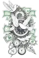 Three dice, a roll of 100 dollar bills, broken pocket watch, 1 white dove, 1 compass with an only god ribbon tattoo design idea