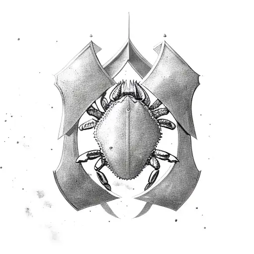 a shield with a crab design, a bow and arrow, a vase of grain tattoo design idea