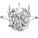 A sketch-style tattoo of a shield with a crab design,  centaur holding a bow and arrow, Demeter holding a vase of grain tattoo design idea