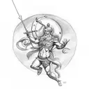 A sketch-style tattoo of a shield with a crab design,  centaur holding a bow and arrow, Demeter holding a vase of grain tattoo design idea