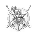 A sketch-style tattoo of a shield with a crab design,  centaur holding a bow and arrow, Demeter holding a vase of grain tattoo design idea