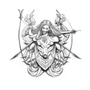 A sketch-style tattoo of a shield with a crab design,  centaur holding a bow and arrow, Demeter holding a vase of grain tattoo design idea