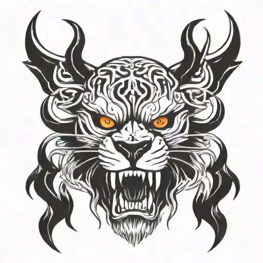 skull, lion face and lonewolf face blended in one tattoo, scorpion on skull head, dagger in skull jaws & firy skull eyes tattoo design idea