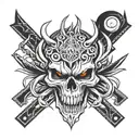 skull, lion face and lonewolf face blended in one tattoo, scorpion on skull head, dagger in skull jaws & firy skull eyes tattoo design idea