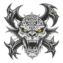 skull, lion face and lonewolf face blended in one tattoo, scorpion on skull head, dagger in skull jaws & firy skull eyes tattoo design idea