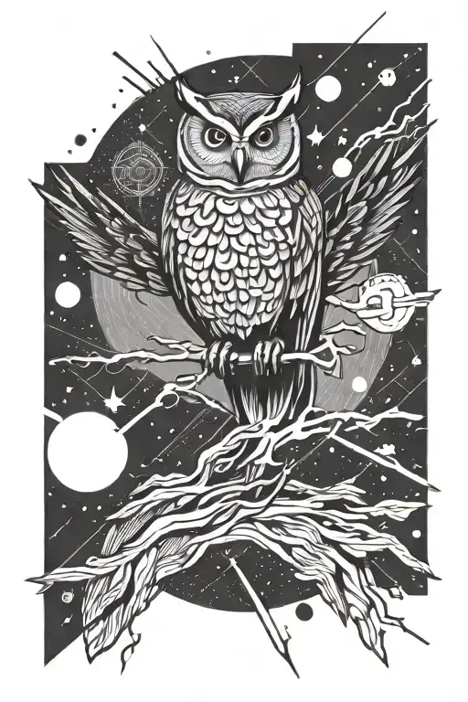 lightning storm with owl flying tattoo design idea