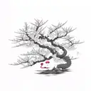 A traditional Japanese cherry blossom tree with a dragon and flamingo intertwined within its branches tattoo design idea
