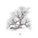 A traditional Japanese cherry blossom tree with a dragon and flamingo intertwined within its branches tattoo design idea
