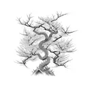 A traditional Japanese cherry blossom tree with a dragon and flamingo intertwined within its branches tattoo design idea