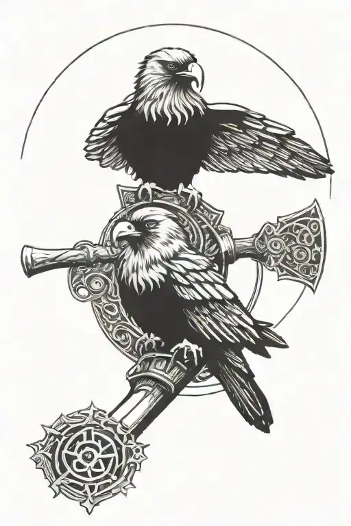 Hugin and Munin perched on Mjolnir tattoo design idea