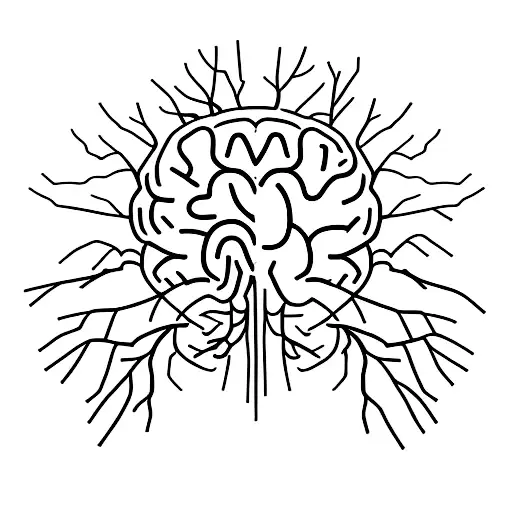A minimalist design of a brain with roots growing out of it, symbolizing the importance of mental health and self-care. tattoo design idea