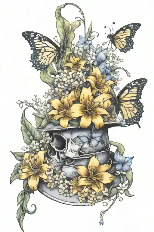 marigolds morning glories holly daffodil narcissus Heather lily of the valley anchor constellation butterfly bee helmet  tattoo design idea