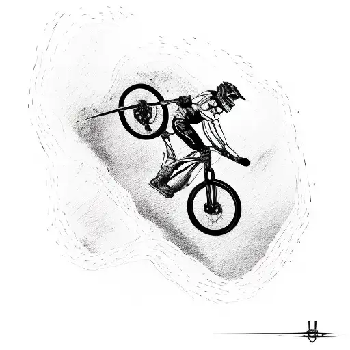 A mountain biker performing a stylish jump with a triskell symbol incorporated into the bike frame tattoo design idea