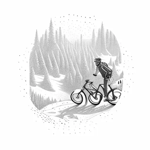 A moniteur vtt leading a group of mountain bikers down a trail with musical notes and triskell symbols scattered along the path tattoo design idea