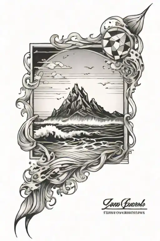 square beach tattoo, with waves crashing and edges of tattoo fading into geometrical style tattoo design idea