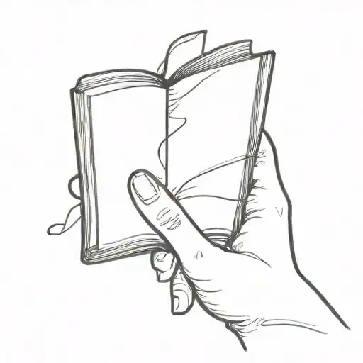 Hand holding a book open in front tattoo design idea