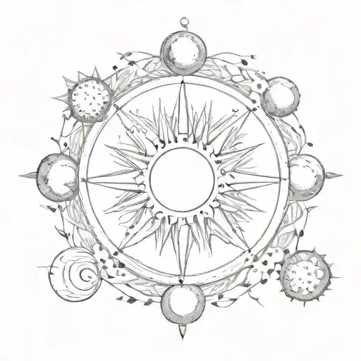 phases of the moon and a sun in the shape of a semicolon tattoo design idea