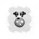 Create a dotwork tattoo of a Border collie balancing a soccer ball on its nose tattoo design idea