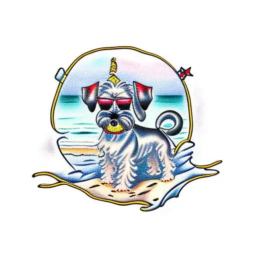 mini schnauzer and women on beach tattoo design idea