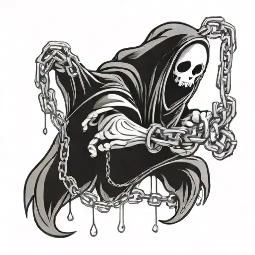 A cartoon looking ghost with chains shackled around it that come together and meet in front of him latched together with tattoo design idea