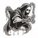 A cartoon looking ghost with chains shackled around it that come together and meet in front of him latched together with tattoo design idea