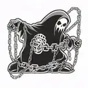 A cartoon looking ghost with chains shackled around it that come together and meet in front of him latched together with tattoo design idea