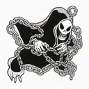 A cartoon looking ghost with chains shackled around it that come together and meet in front of him latched together with tattoo design idea