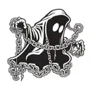 A cartoon looking ghost with chains shackled around it that come together and meet in front of him latched together with tattoo design idea