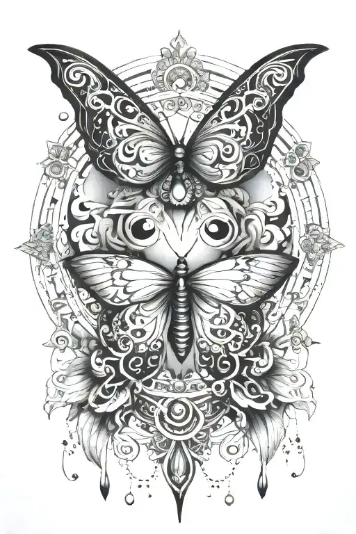 Black And Grey "Mandala Inspires With Butterfly, Strings And Droplets containing a Ladies Eye and symbol for infinity  tattoo design idea