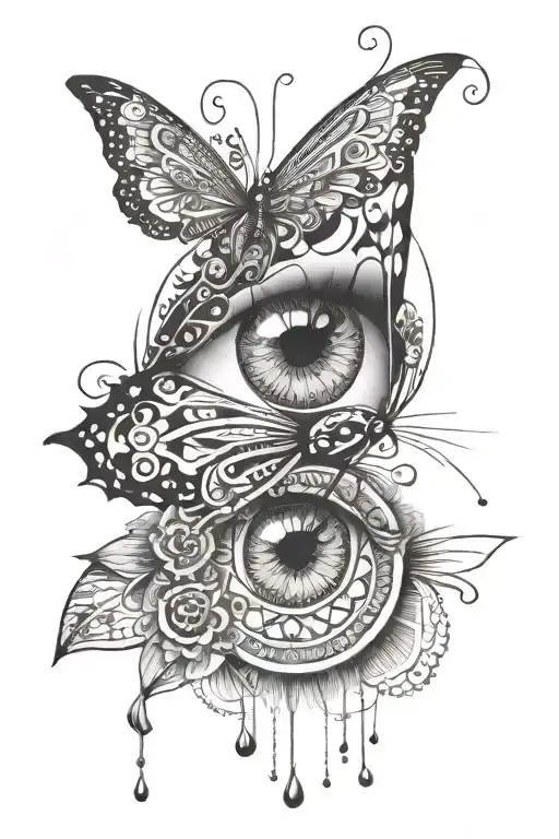 asymmetrical mandala inspired tattoo featuring woman's eye, a butterfly, strings and droplets  tattoo design idea