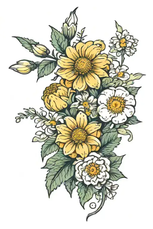 a bouquet with daisy, poppy, Astor, rose, marigold, chrysanthemum, and narcissus flowers growing out of  tattoo design idea