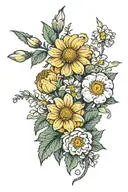 a bouquet with daisy, poppy, Astor, rose, marigold, chrysanthemum, and narcissus flowers growing out of  tattoo design idea