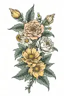 a bouquet with daisy, poppy, Astor, rose, marigold, chrysanthemum, and narcissus flowers growing out of  tattoo design idea