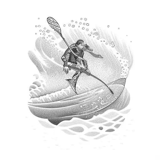 A detailed underwater scene with a surfer riding a wave and a scuba diver exploring a coral reef tattoo design idea