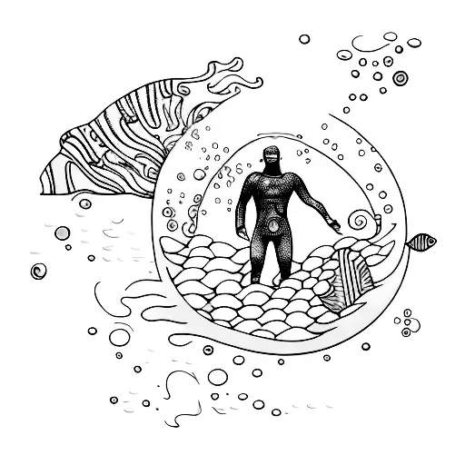 A detailed underwater scene with a surfer riding a wave and a scuba diver exploring a coral reef tattoo design idea