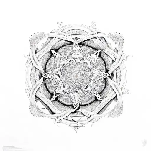An intricate mandala design with elements of surfing, cliff jumping, and scuba diving intertwined tattoo design idea