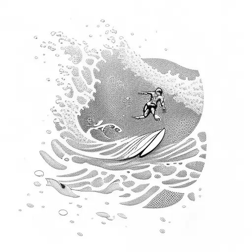 A detailed underwater scene with a surfer riding a wave and a scuba diver exploring a coral reef tattoo design idea