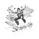 A cliff jumper leaping off a rocky cliff into the sea, surrounded by crashing waves and seagulls tattoo design idea