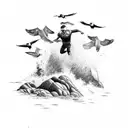 A cliff jumper leaping off a rocky cliff into the sea, surrounded by crashing waves and seagulls tattoo design idea