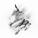 A cliff jumper leaping off a rocky cliff into the sea, surrounded by crashing waves and seagulls tattoo design idea