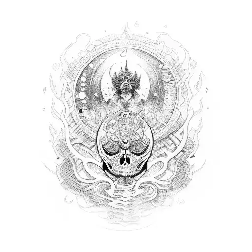 An intricate dotwork design featuring the Mictlan underworld and souls tattoo design idea
