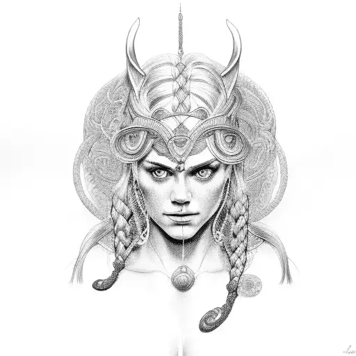 A dotwork portrait of a Norse goddess with intricate braided hair tattoo design idea