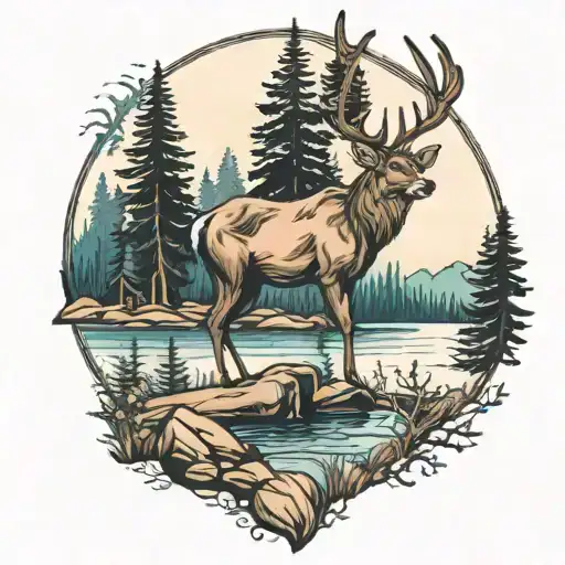 deer, black bear, cabin, woods, lake surrounded tattoo design idea