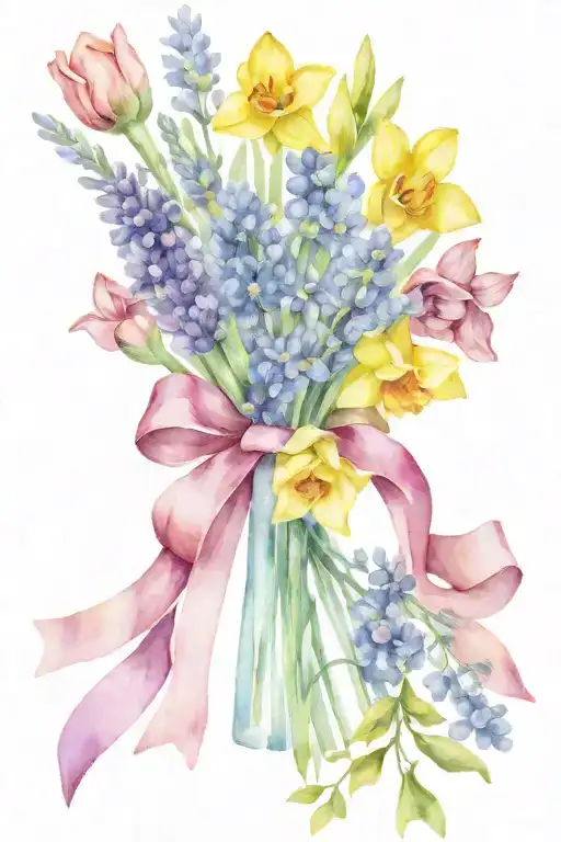 wrapped bouquet of a bunch lavender, blueberry bunch, and daffodils. tattoo design idea
