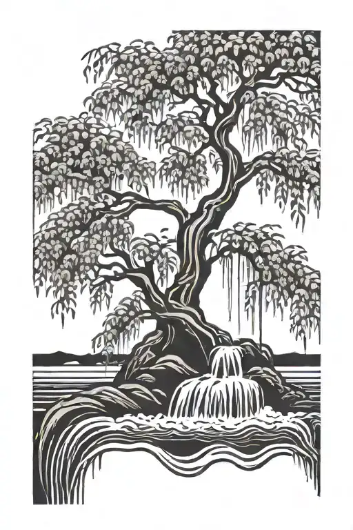 weeping willow branches transitioning into waterfall tattoo design idea