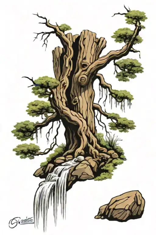 sequioa tree trunk with weeping willow top transitioning into waterfall tattoo design idea