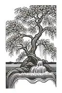 weeping willow branches transitioning into waterfall tattoo design idea