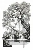 weeping willow branches transitioning into waterfall tattoo design idea