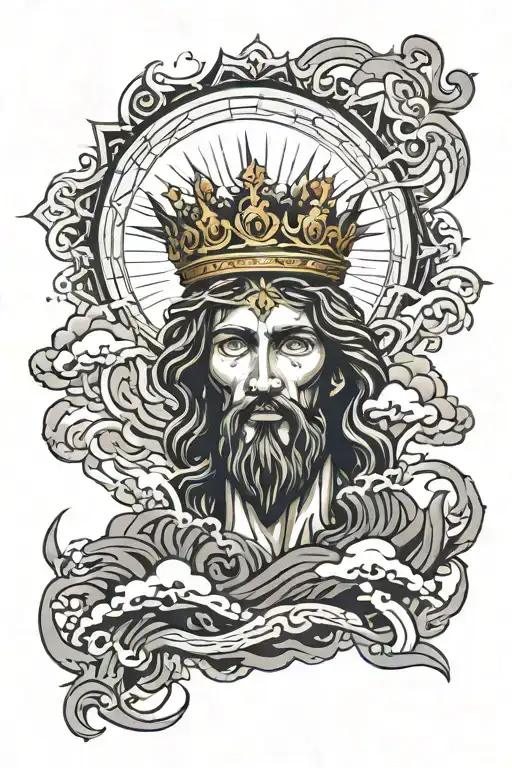 Dark storm clouds. Jesus coming out of the clouds wearing a crown of thorns on his head and fire coming out of his eyes tattoo design idea