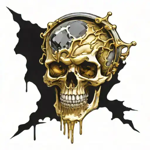 a decrepit skull made of gold and silver, eith no jaw bone, and with a big gem in the eye socket. it looks melted tattoo design idea